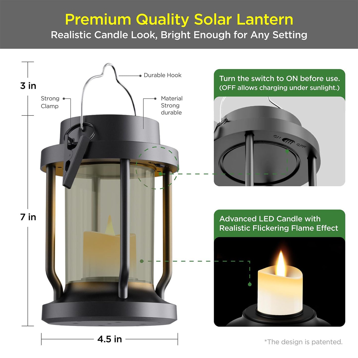 FriutShine Solar Lantern ·Flameless Candle, Weatherproof, 2 Pack, Black + Gray, Model L01