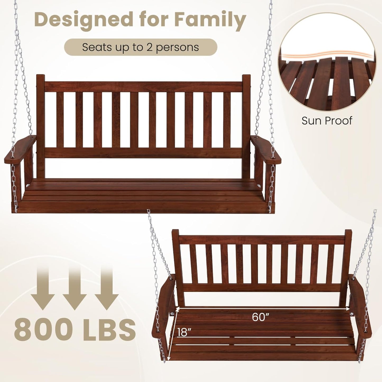 HAPPYGRILL 3-Person Wooden Outdoor Porch Swing, Heavy Duty Patio Hanging Bench Chair with 800 LBS Weight Capacity, 5.6 FT Adjustable Upper Chains, Slatted Back, Swing Bench for Garden, Backyard