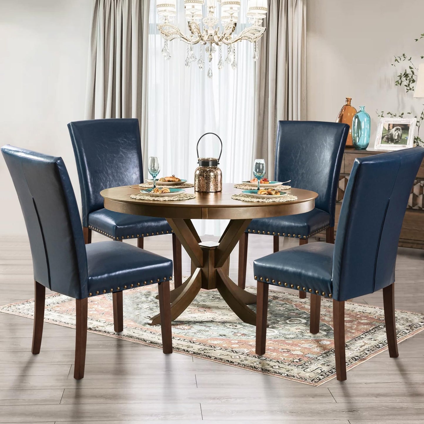 COLAMY Upholstered PU Leather Dining Chairs Set of 6 with High Back Support, Nailhead Trim & Solid Wood Legs, Comfortable Dining Room Chairs for Kitchen Table, Apartment & Family Use