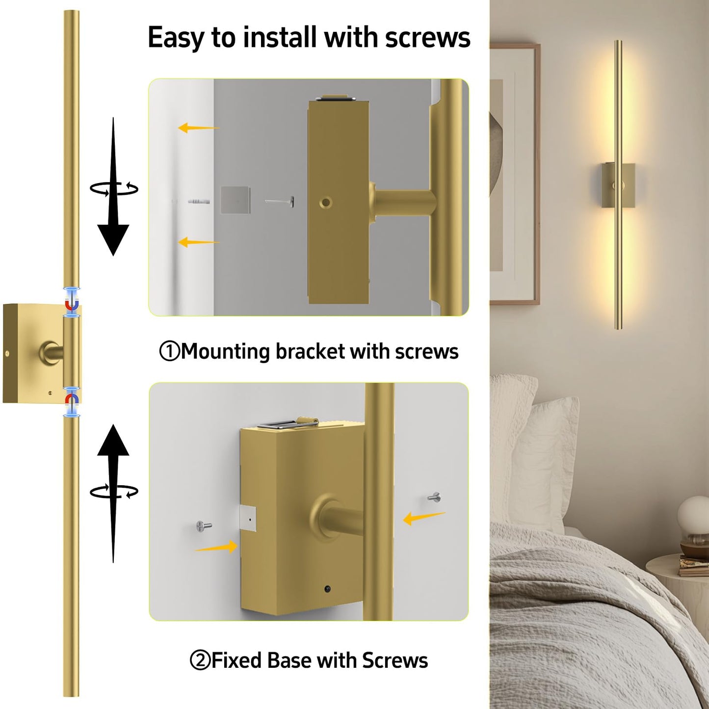 Battery Operated Wall Sconces Set Of Two: Dimmable Wireless Wall Lights With Remote 31.5Inch Led Rechargeable Sconces 360?Lighting Wall Scone Decor For Tv Mirror Bedroom Living Room(Gold)