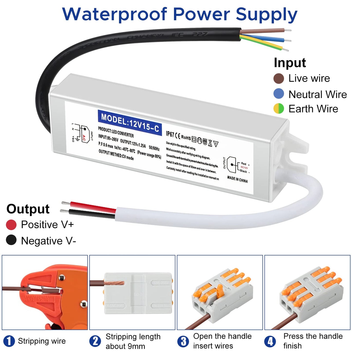 Karyoosi 12V 15W LED Driver Power Supply, Waterproof IP67, 110V AC to 12V DC Converter, Silver, Ideal for Indoor/Outdoor Lighting