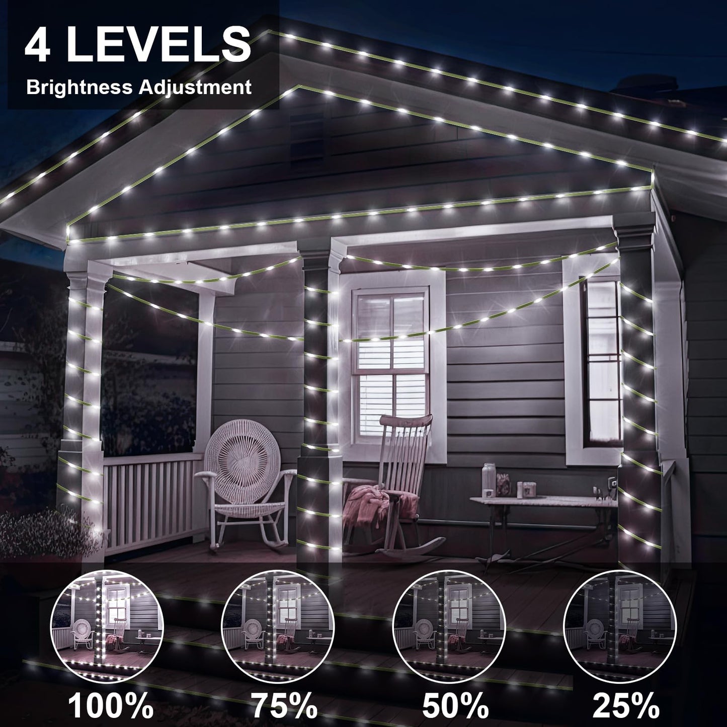 ROADAYLY LED String Lights, 180 LEDs, 59 FT, Cool White, Waterproof Green Wire, Remote Timer, 8 Modes for Outdoor Christmas Decorations