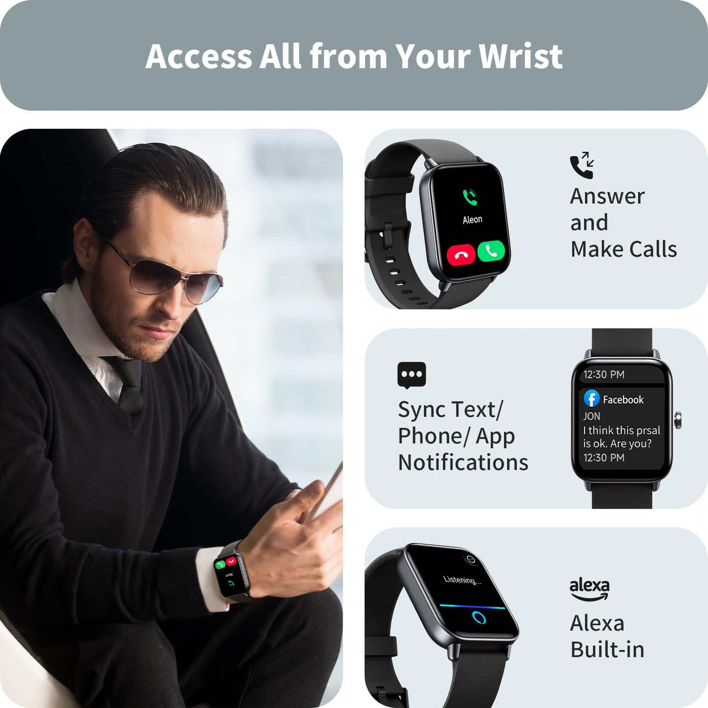 Smart Watches for Men Women, 1.8" Screen Activity Tracker, Heart Rate/Sleep/SpO2 Monitor, Make/Answer Calls, IP68 Waterproof Smartwatch for iPhone & Android, 101+ Sport Modes Fitness Reloj Inteligente