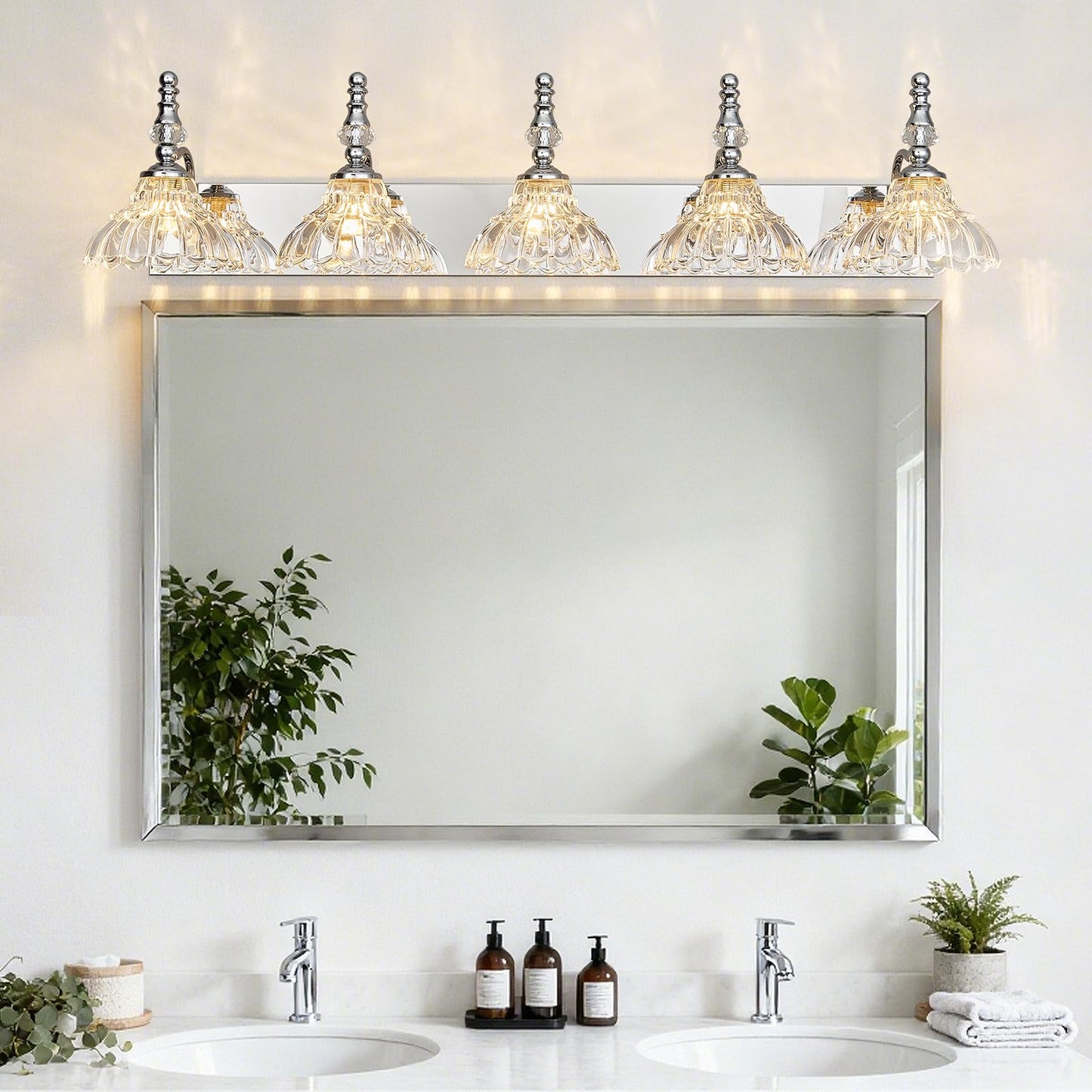 Lbsqj Vintage Bathroom Vanity Light 5-Light Chrome Vanity Lighting Fixture With Flower Glass Shade Bathroom Lighting Fixtures Over Mirror