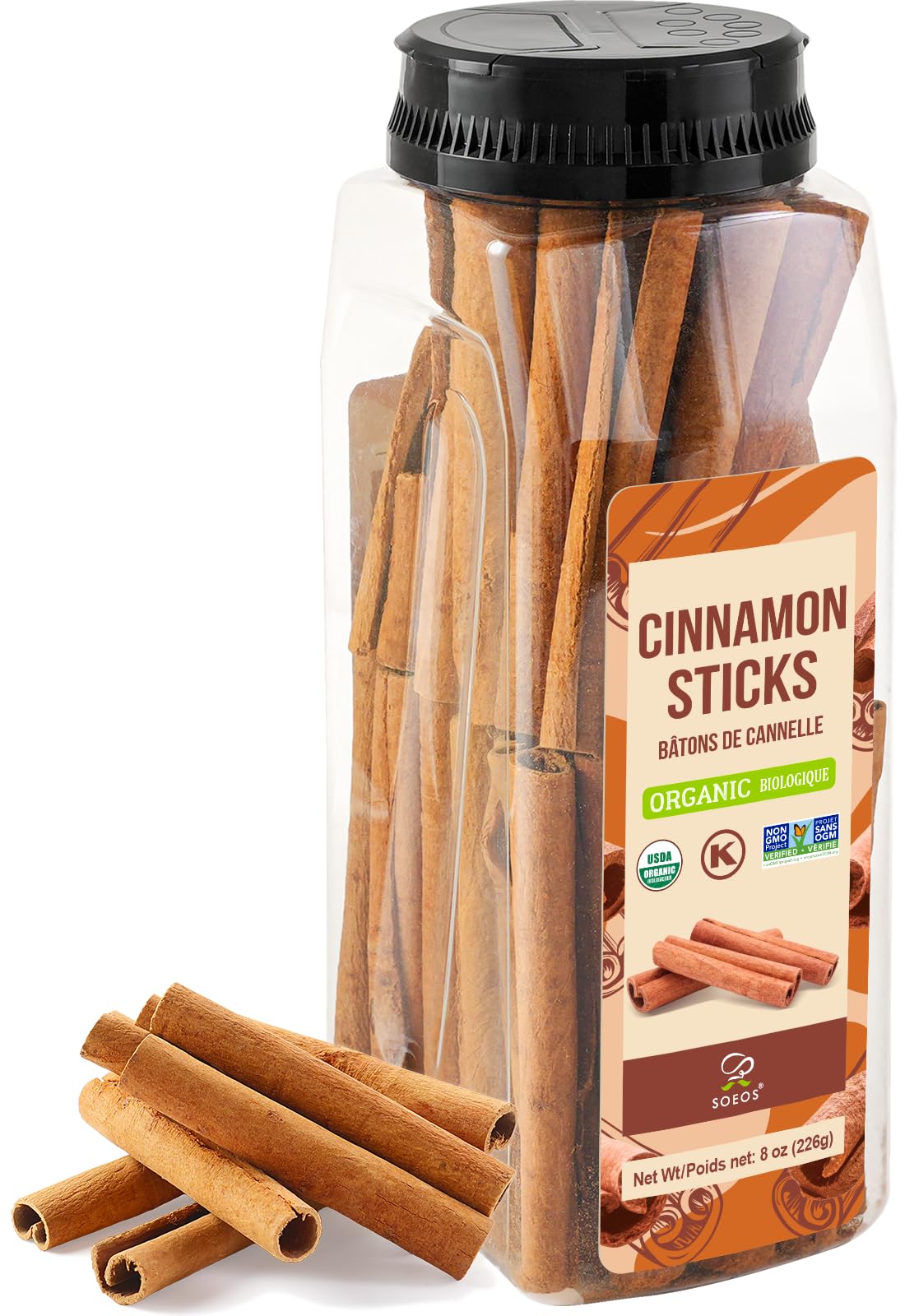Soeos Cinnamon Sticks Organic 8 oz (226g) Bottle USDA Non-GMO and Kosher Certified enhanced Whole Cinnamon for Baking Cooking Desserts and Beverages Rich Aroma & Warm Flavor Ideal for Tea Coffee and Holiday Recipes