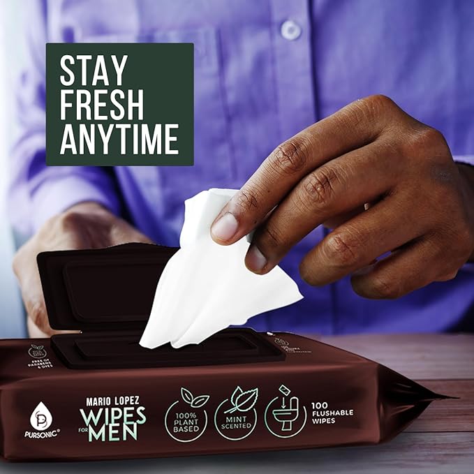 Pursonic Mario Lopez Mint Flushable Wipes for Men - 12 Packs 100Ct(1200 Total) - Plant-Based Face & Body Wipes for Gentle, Refreshing Daily Hygiene