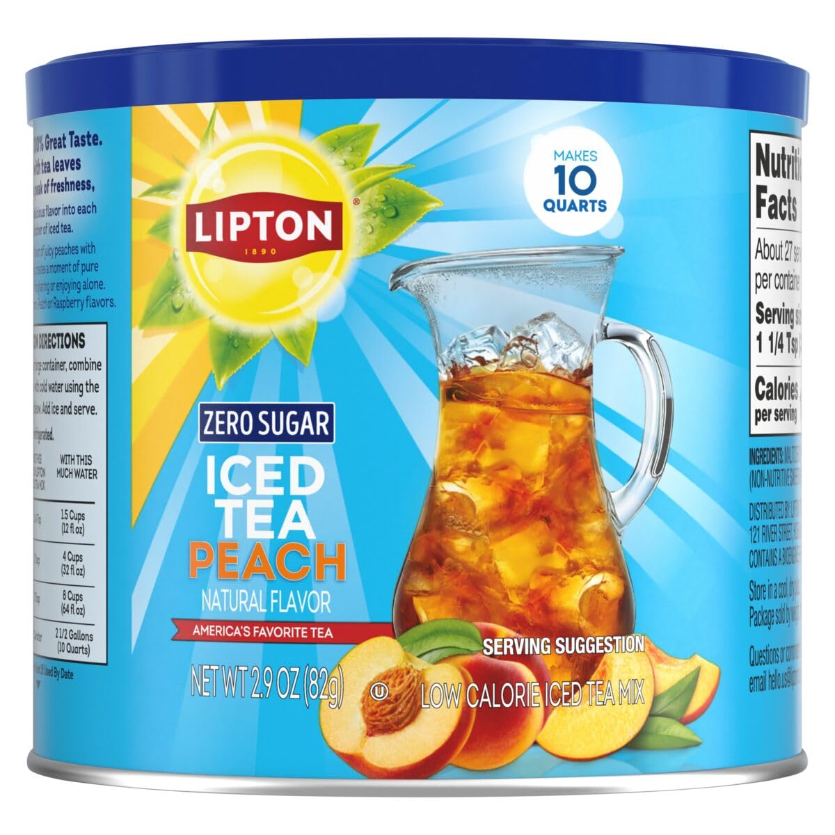 Lipton Zero Sugar Iced Tea Mix Peach Flavor Black Iced Tea Makes 10 Quarts