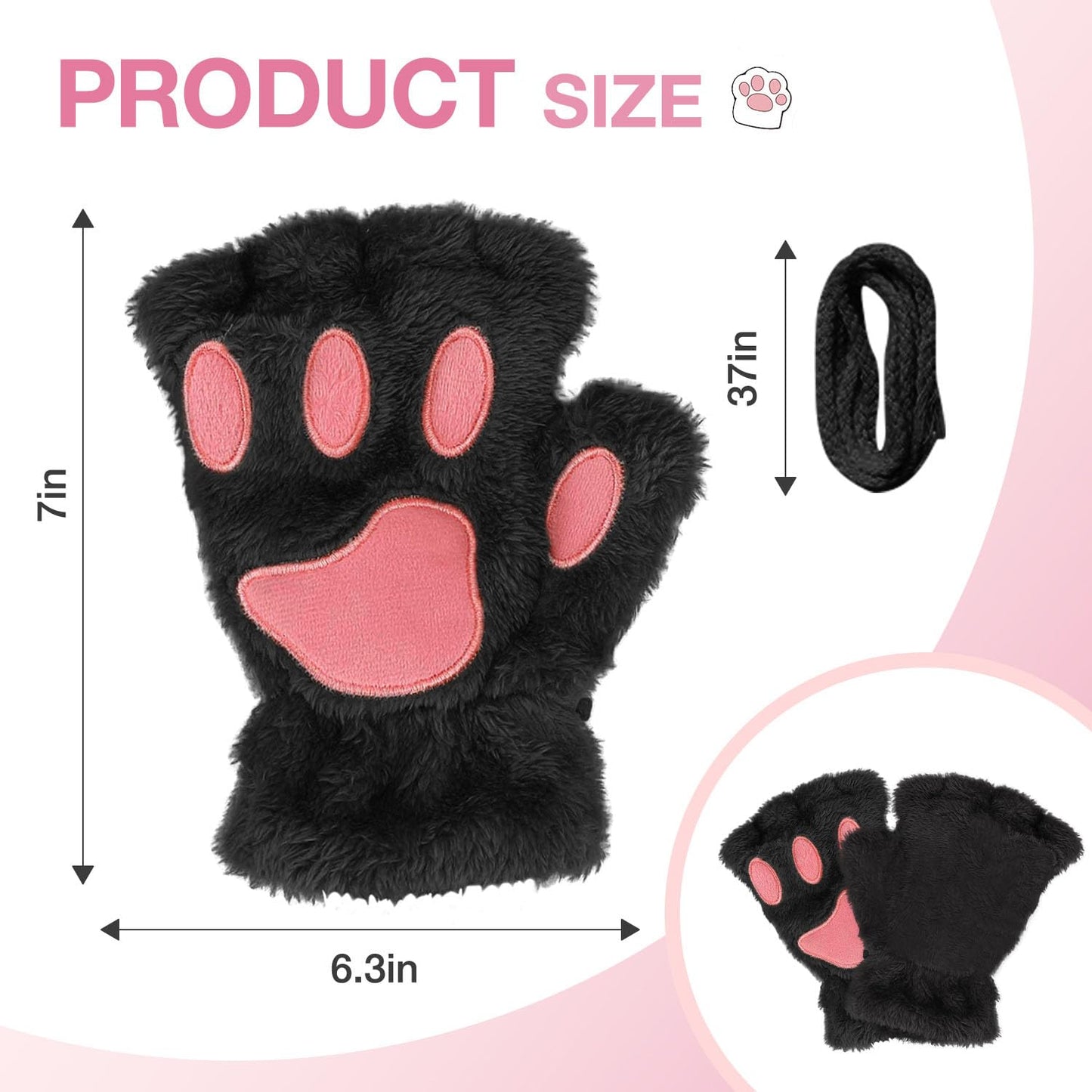 Tiny Chou Cat Paw Gloves for Cosplay Fancy Party Halloween Costume Accessories, Winter Soft Fingerless Warm Gloves for Women Girls, Black