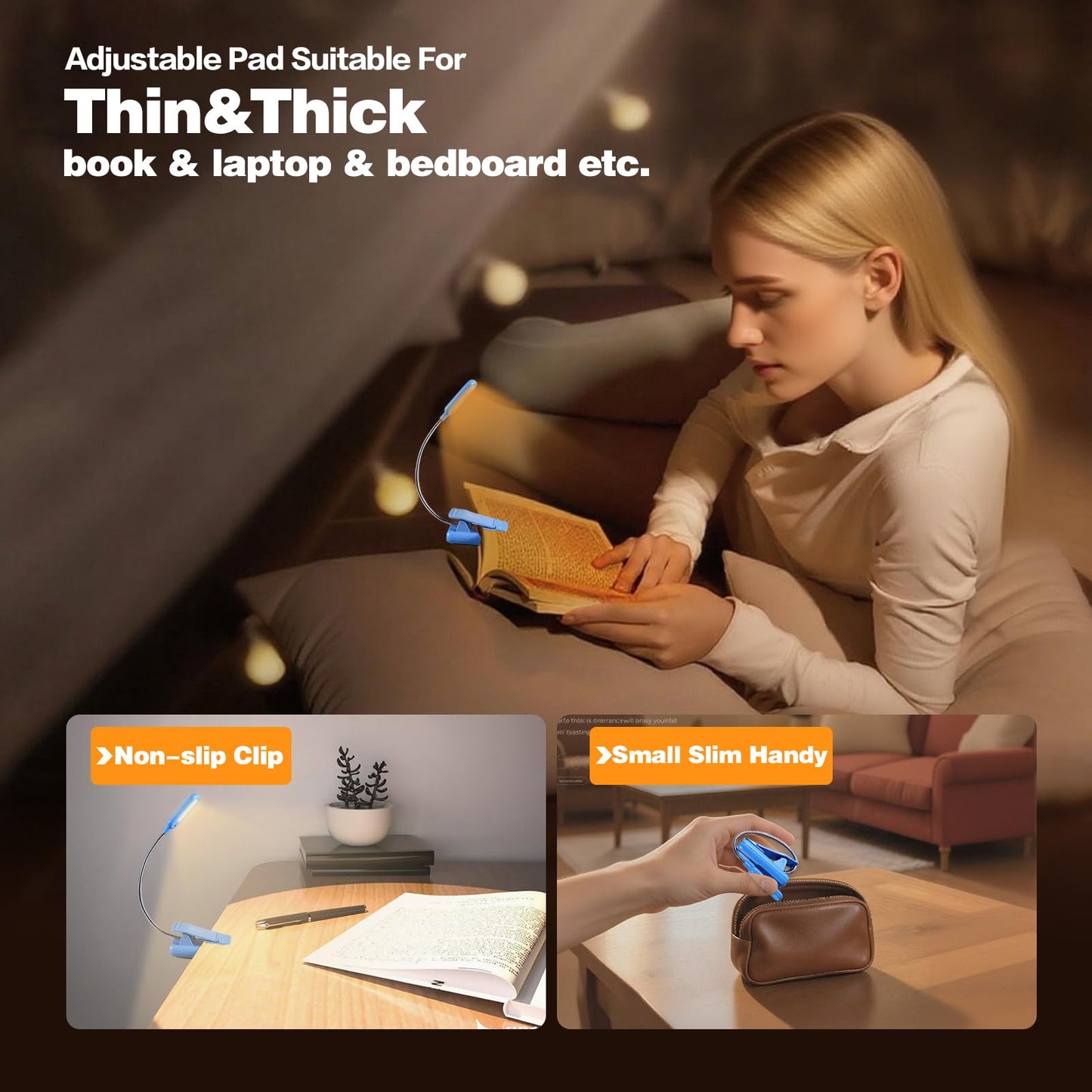VAVOFO Rechargeable Book Light, 7 LED, 9-Level Warm Cool White, Eye Care, Model KM-6720, Blue Lotus