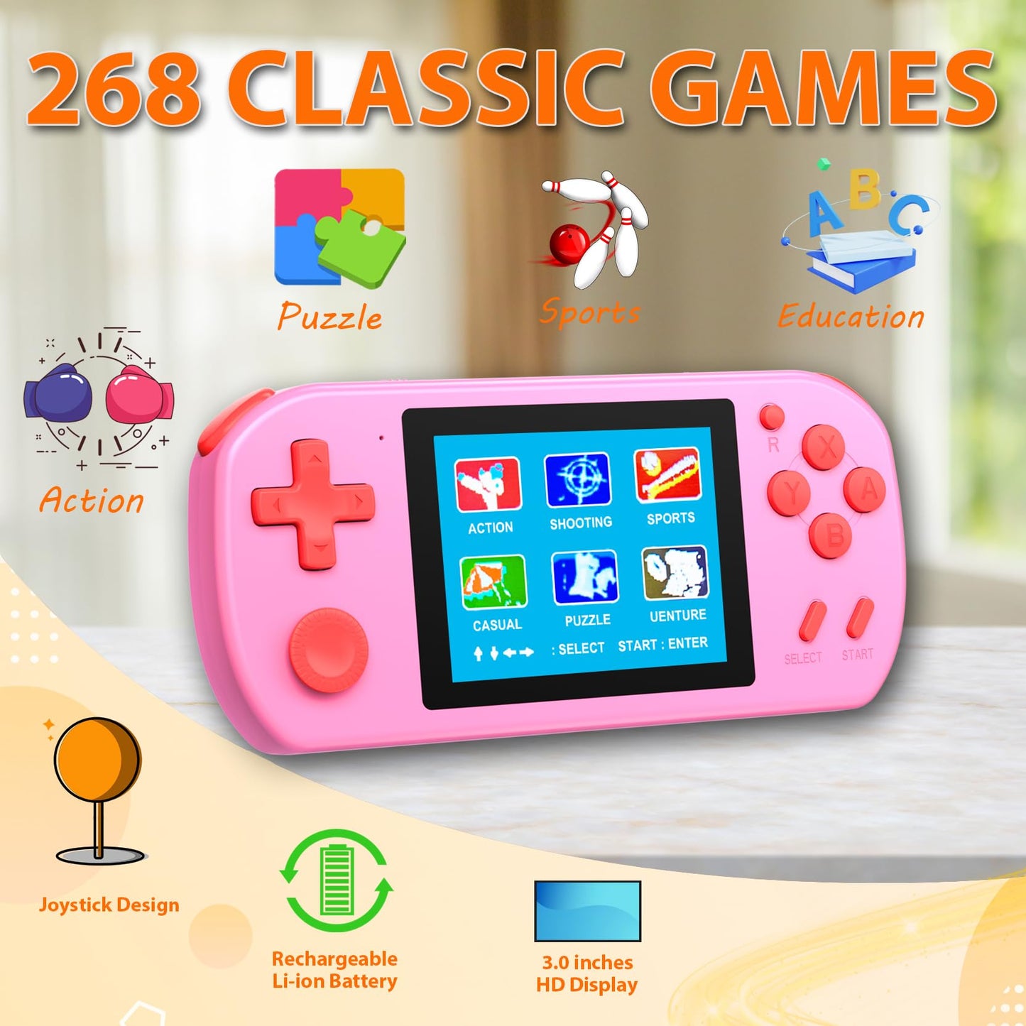 Handheld Games for Kids Adults with Built in 268 Classic Retro Video Games,3.0'' Color Screen Rechargeable Portable Arcade Gaming Player,Boys Girls Travel Electronics Toys Birthday Gift (B-Pink)