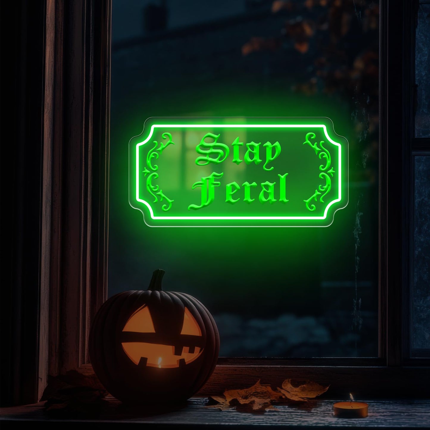 Stay Feral Neon Sign Gothic Decor Led Light Goth Lover Gift Halloween Decoration Bat Neon Sign Decor Ghost Spooky Wall Art 15.7X7.9 Green