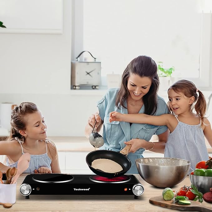Double Hot Plate, Techwood 1800W Electric Stove for Cooking, Infrared Ceramic Countertop Burner with Dual Adjustable Temperature & Glass Cooktop for Home/RV/Camp, Compatible for All Cookwares, Black
