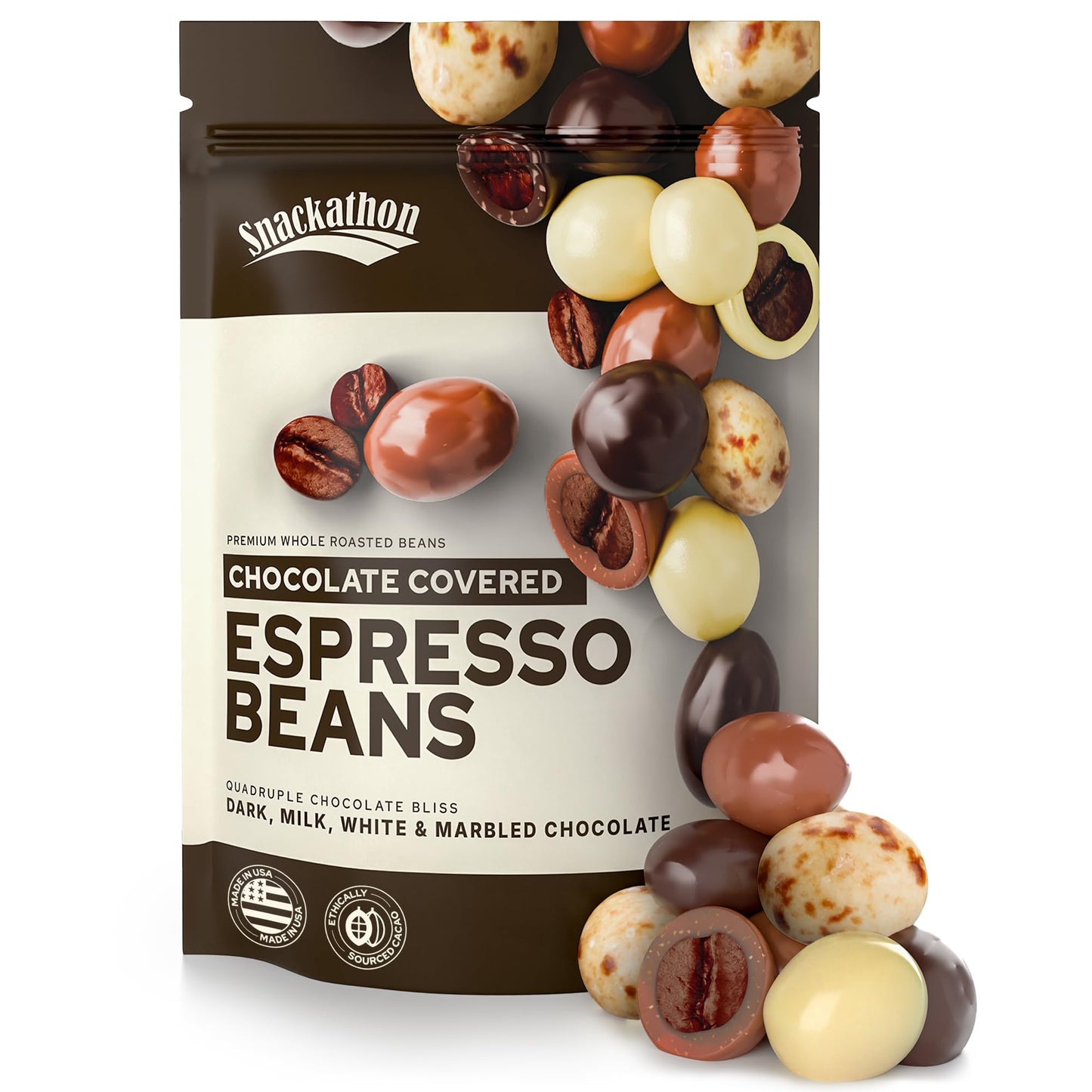 Snackathon Chocolate Covered Espresso Beans 4 Chocolate Blend (Dark Milk White Marbled) Bulk 1 Pound Bag Made in USA Gourmet Snack for Coffee Lovers