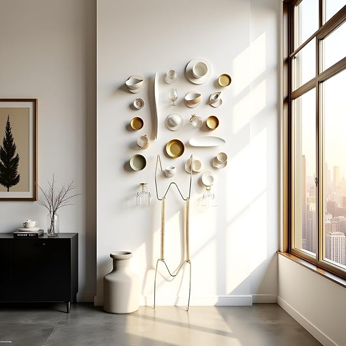 Gold Plate Dish Hanger Dismountable Wall Display Securing Clip W Type Dish Spring Holder Invisible Hook Home Decor Vertical Plate Holders (12 Inch)