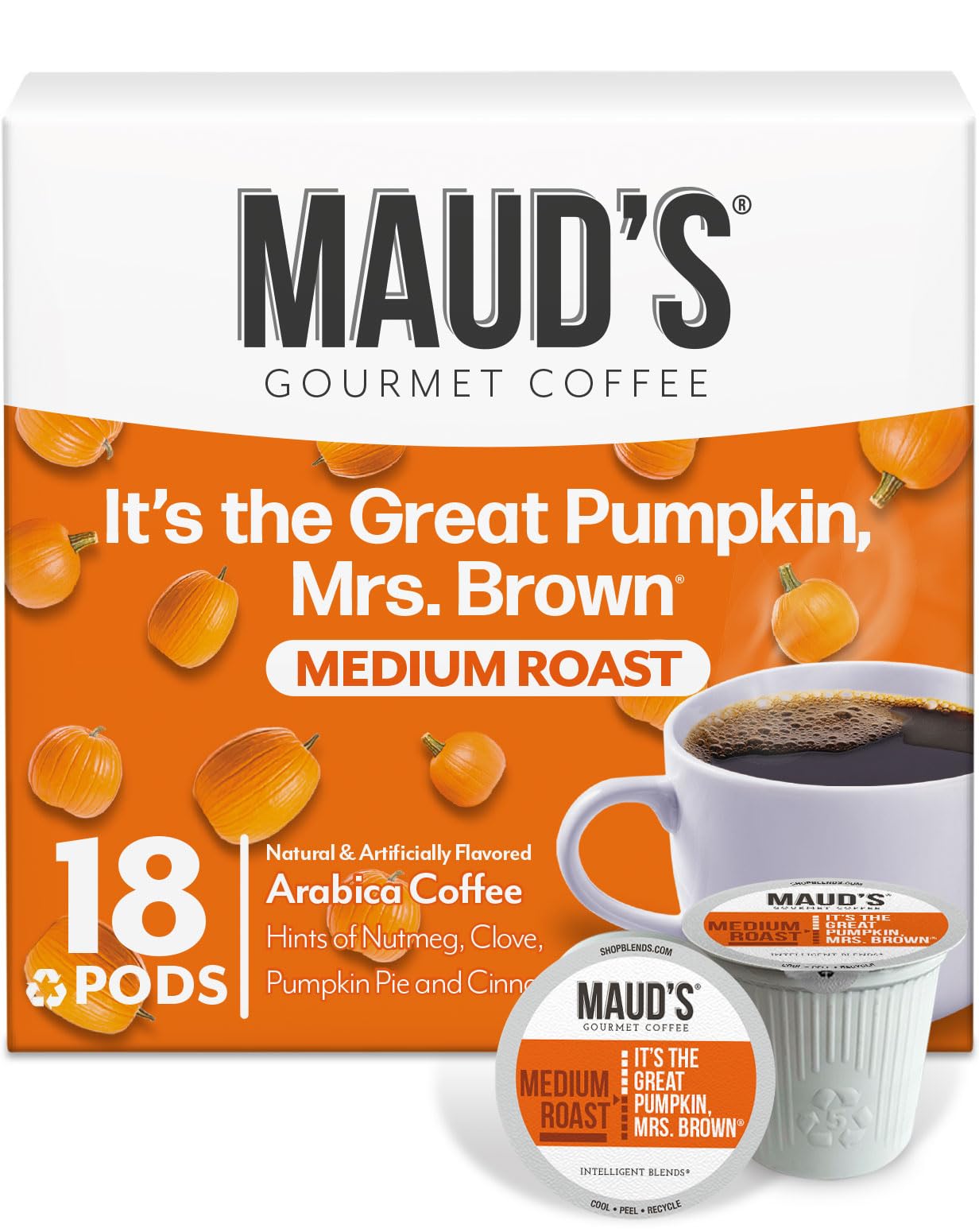 Mauds Pumpkin Spice Flavored Coffee Pods 18 ct - 100% Arabica Medium Roast Coffee Solar Energy Produced Recyclable Single Coffee Pods Compatible with Keurig K-Cup malt-inspired