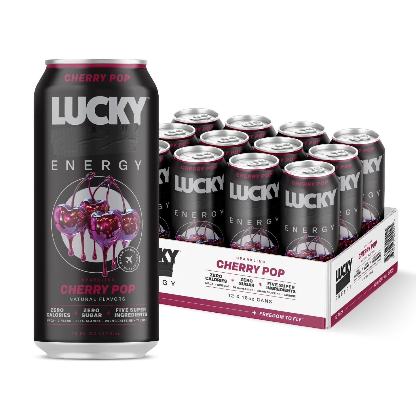 Lucky Energy Sugar Free Energy Drinks Cherry Pop 16oz Cans (12-Pack) Healthy Zero Sugar Energy Drink with Maca Ginseng Beta-Alanine Taurine & 200mg Caffeine