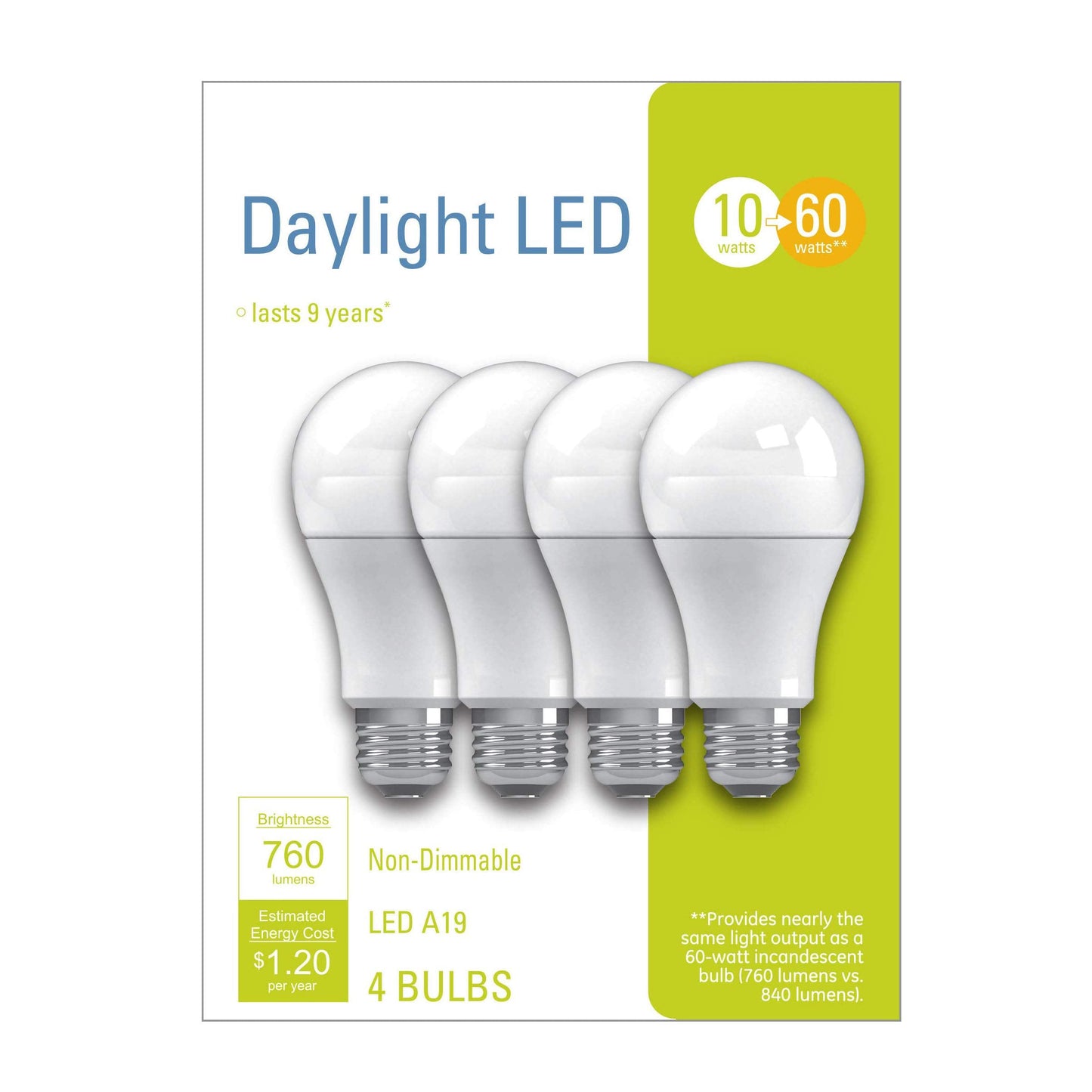 GE LED Light Bulbs A19 Standard, 60W Equivalent, Daylight, 4 Pack, Glass