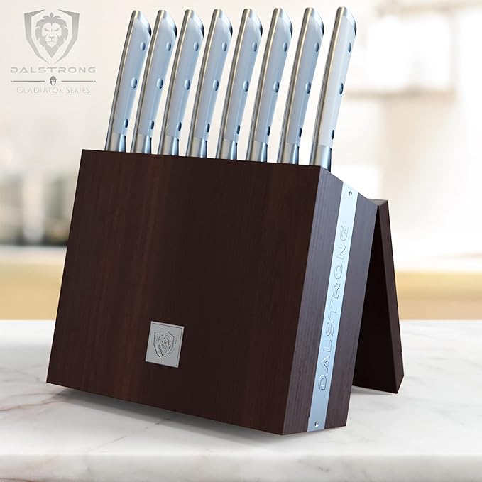 Dalstrong Steak Knife Set with Folding Block - 8 Pc - Gladiator Series - 5" Straight Edge Blade - Forged High-Carbon German Steel - w/Modular Storage Block - Glacial White ABS Handle - NSF Certified