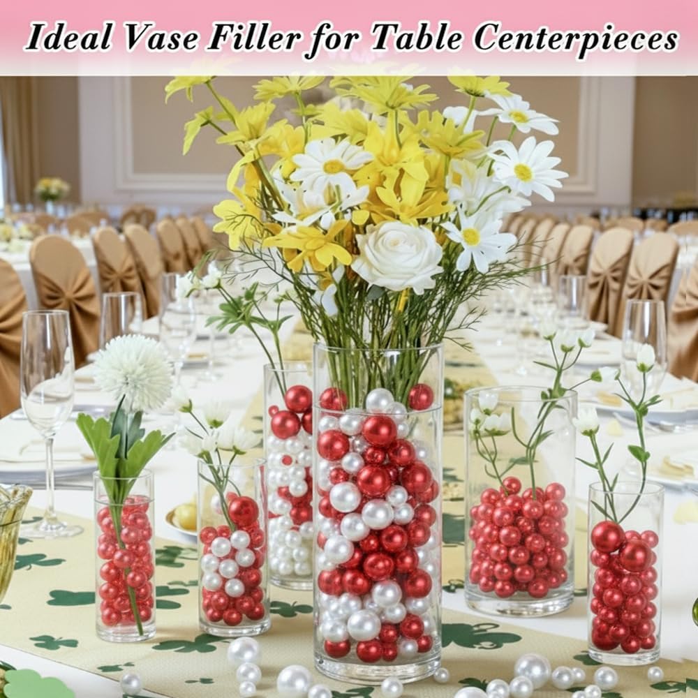 Pearl Beads No Hole Pearls for Crafting 180 Pcs Fake Pearls Faux Pearls for DIY Crafts Jewelry Making Vase Filler Floating Candle Wedding Birthday Party Home Decorations (Red & Ivory, 8/10/14/20mm)