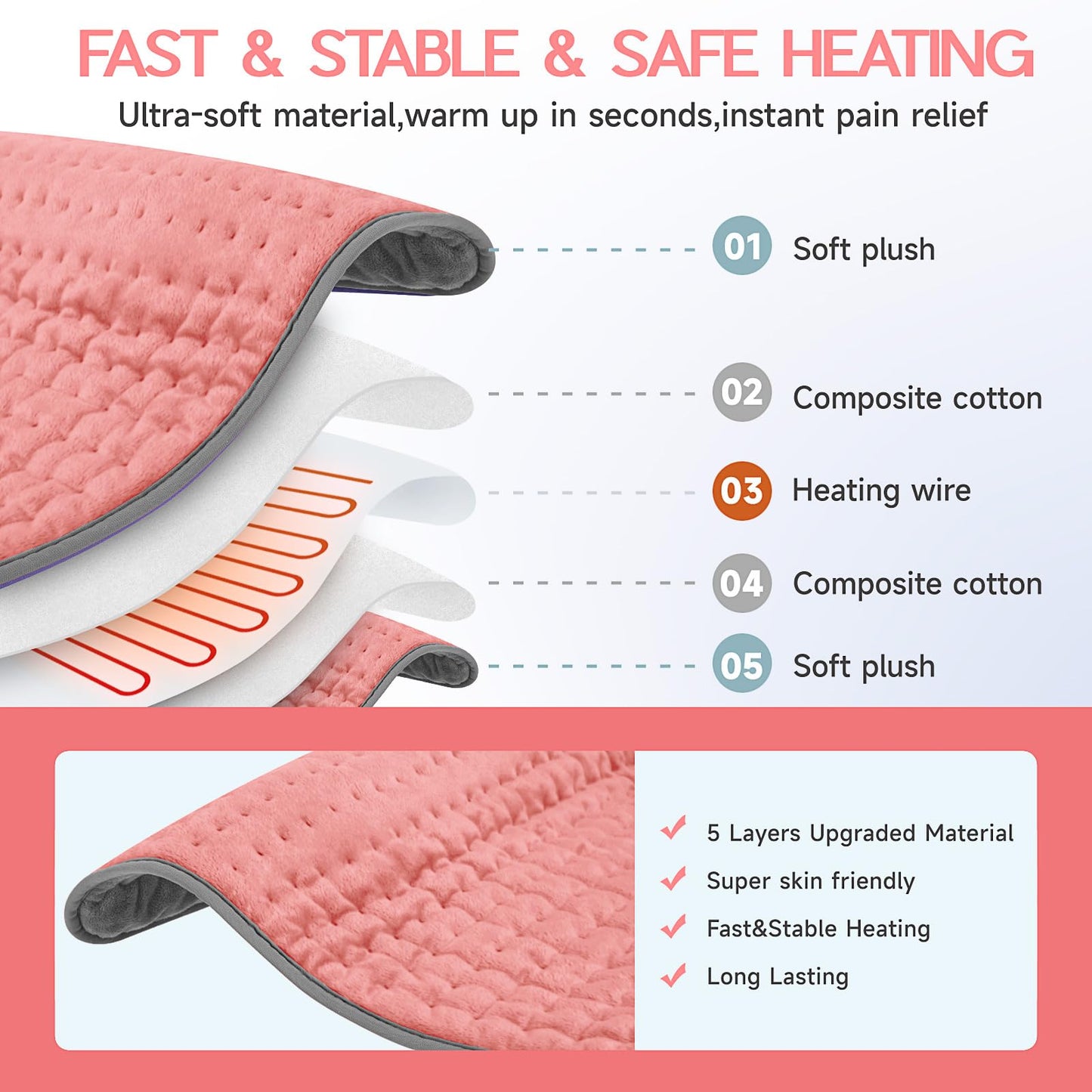 Heating Pad for Period Cramps, Heating Pad for Back/Neck/Shoulder Muscle Pain, 6 Heating & 4 Timer Setting, Auto Shut Off, Moist Heat & Machine Washable, Pink Birthday Christmas Gifts for Women Mom