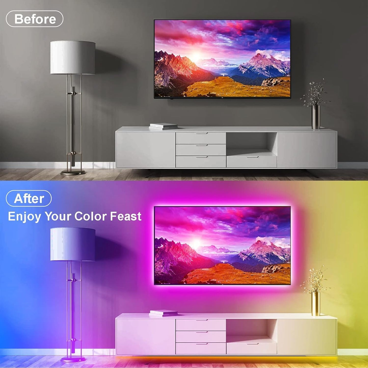 Pstar Led Tv Backlight - 16.4Ft Rgb Strip Lights With Remote & App Control For 45-75 Tvs, Usb Powered, Vinyl Material
