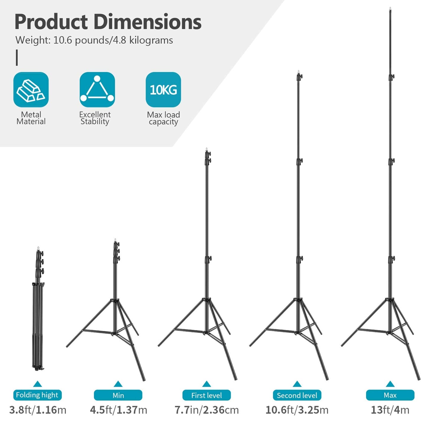 Neewer Heavy Duty Light Stand, Metal 13ft/4m Adjustable Photography Tripod C Stand with Spring Cushion 1/4" Screw for Studio LED Continuous Light Background Flash Strobe, Max Load: 22lb/10kg, Black