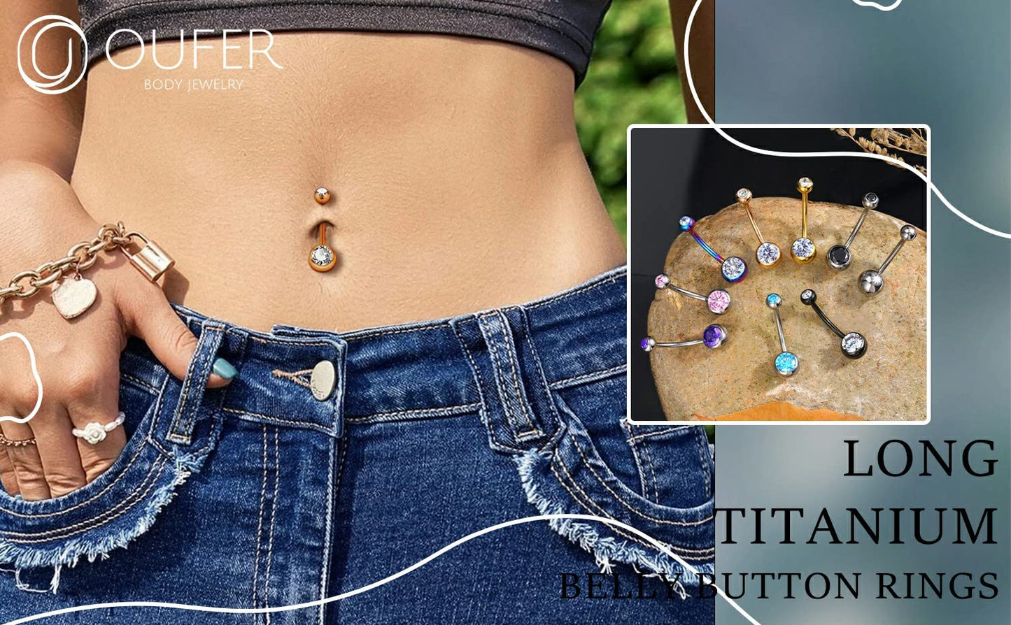 OUFER Titanium Belly Button Rings, Internally Threaded 14mm Long Belly Ring, Round CZ Navel Rings for Women Men (Rosegold)