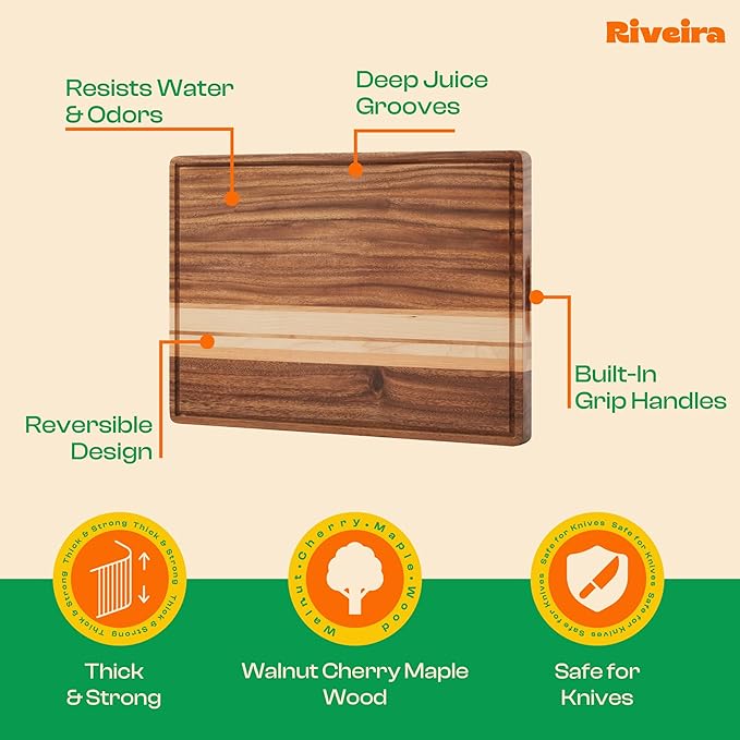 Riveira Cutting Board Set of 2 – Wooden Cutting Boards for Kitchen in 2 Sizes – Premium Walnut, Maple & Cherry Wood Cutting Board – Durable Wood Cutting Board with Juice Grooves