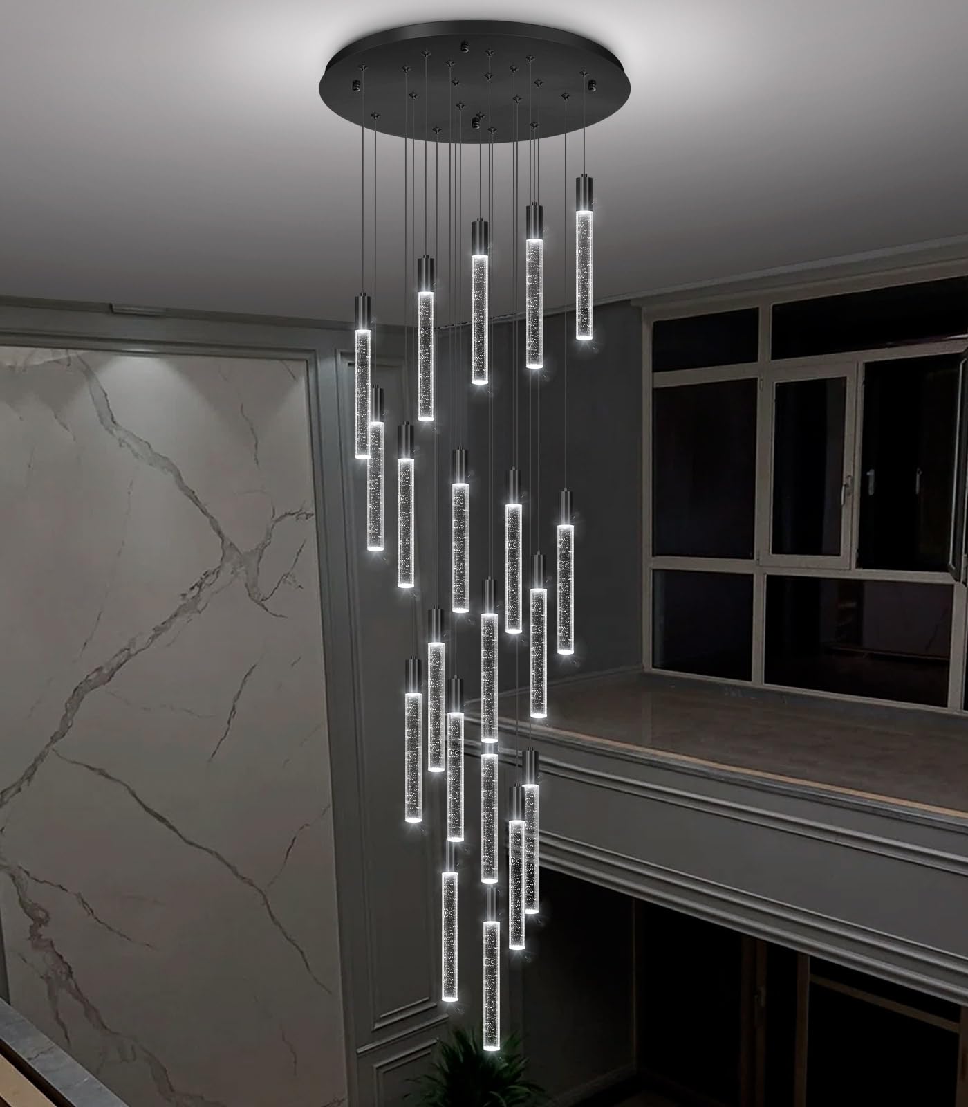 Haixiang 13 Foot High Ceiling Chandelier For Entryway Modern Crystal Lights For Living Room Foyer Flush Mount Sloping Ceiling Pendant Light Fixture Remote Dimmable 20-Lights Black