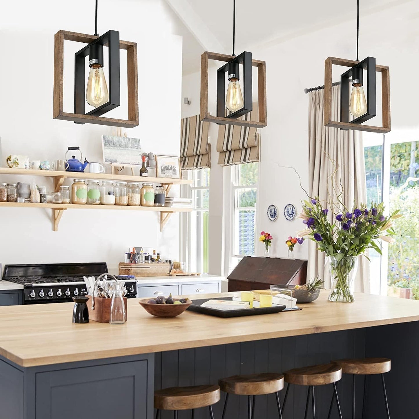 Cafulam Black Pendant Lighting Modern Pendant Light Adjustable Pendant Light Fixture Pendant Lights Kitchen Islandlight (2 Packs Wood+Metal Pendant Light)