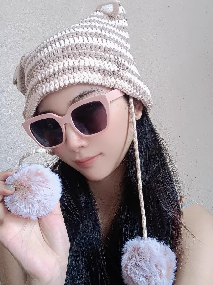 Women Y2K Cat Ear Beanie Hat with Pom Poms Star Accessories Goth Grunge Crochet Knitted Slouchy Skully Caps Alt Emo Clothes (Khaki-Beige)