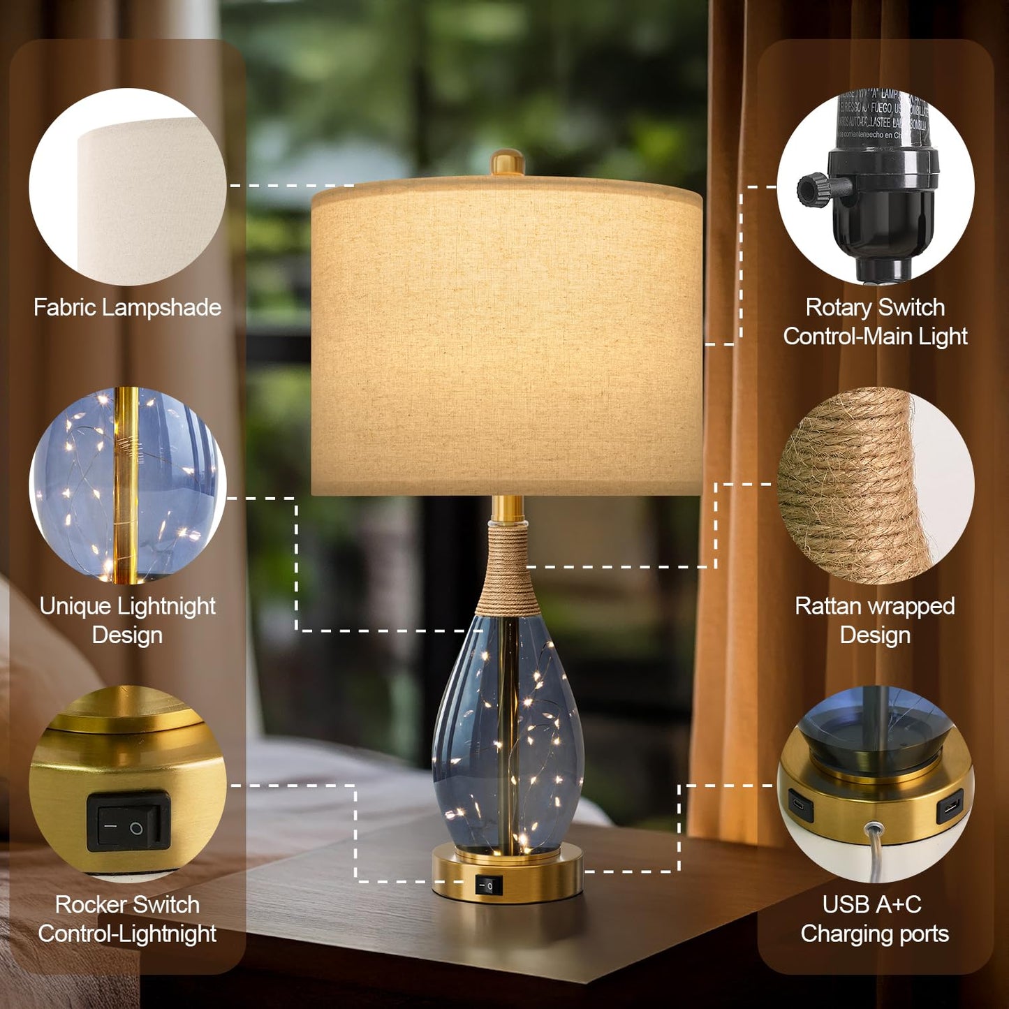 OYEARS Table Lamps Set of 2 for Living Room, Blue Rattan Boho Style, USB C+A, Model AMZ-T1140BL-U