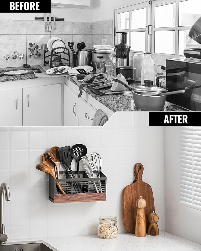 Utensil Holder for Kitchen Counter, Cooking Utensil Holder with Stone Drying Mat for Storage Spatula, Ladle, Scoop in Farmhouse Countertop with Wooden Pattern Printed, Matte Grey