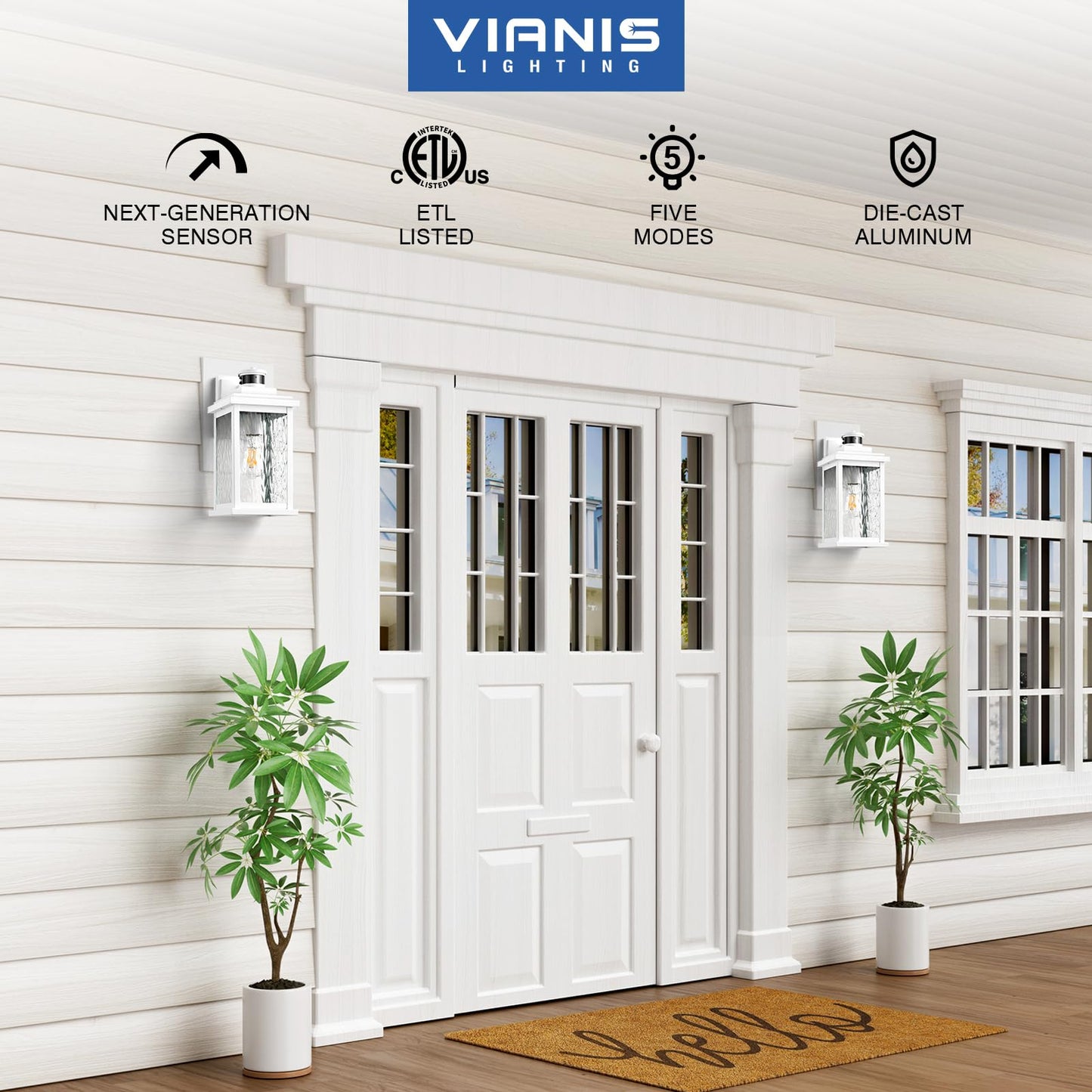 VIANIS Motion Sensor Porch Light, Adjustable Sensitivity, Waterproof, Large Size, White, Model V8101M1.WH