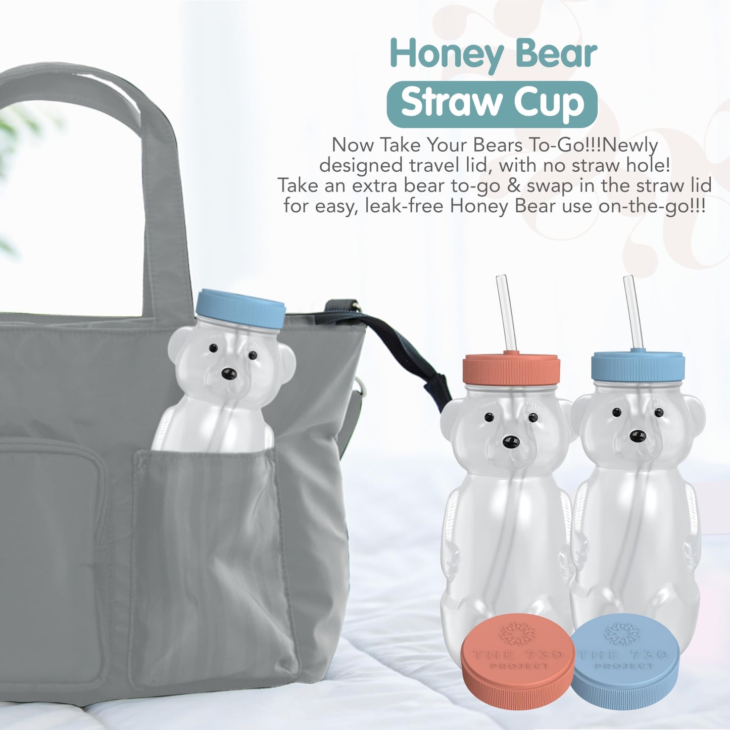 The 730 Project Honey Bear Straw Cup for Babies, 2-Pack Honey Bear Bottle with Travel Lid, Therapy Learning Honeybear Straw Cup, Baby Bottle Set, 8 oz, Blueberry Pie & Firetruck