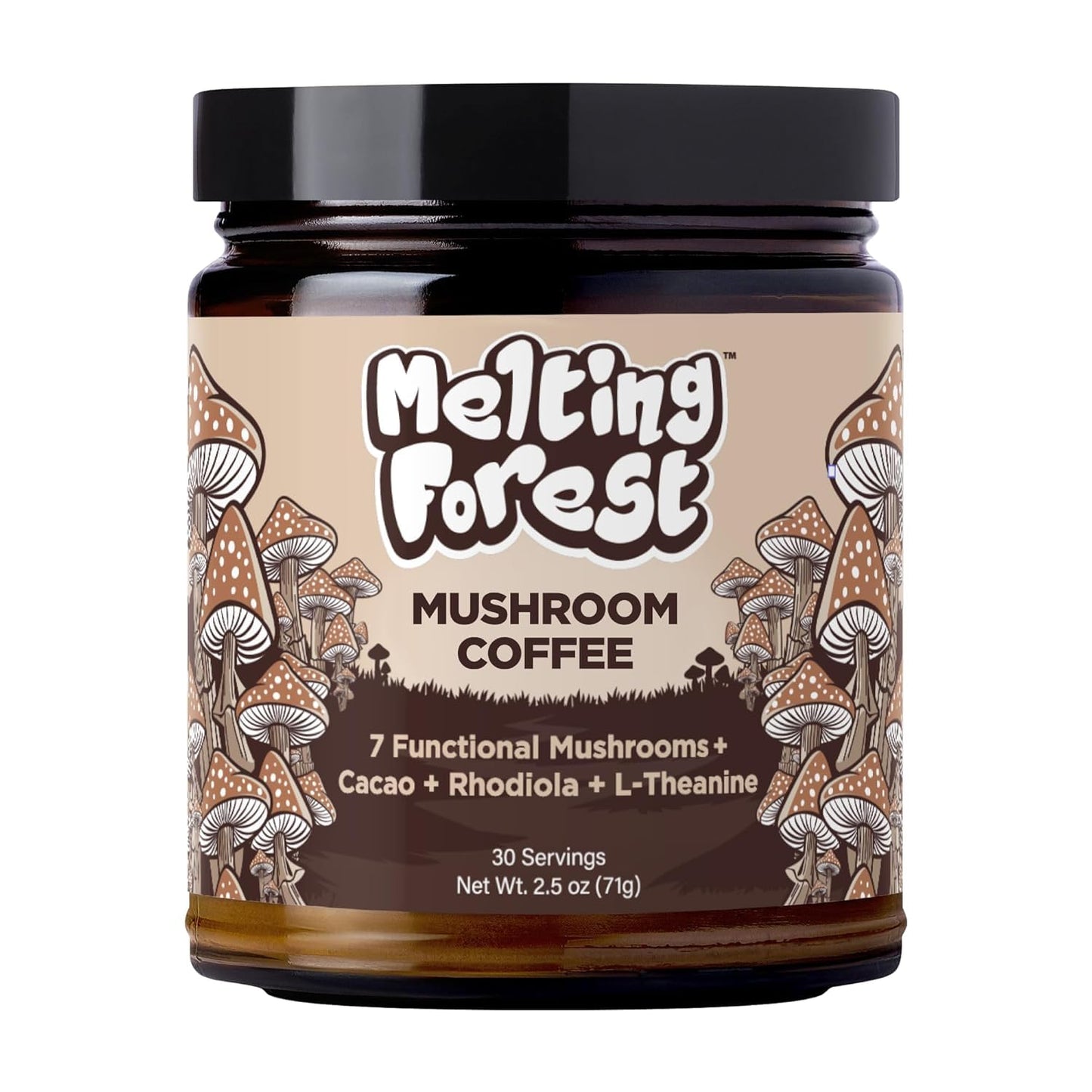 Melting Forest Mushroom Coffee with 7 Functional Mushrooms Cacao Rhodiola L-Theanine Reishi & Lions Mane Stress Relieving Focus Cognitive Function & Mental Clarity (30 Servings)