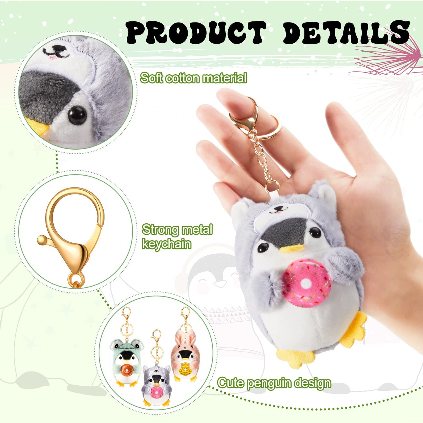 Kigeli 3 Pcs Cute Stuffed Penguin Keychain Plush Keychain Stuffed Animals Frog Bunny Dog costume Lovely Animal Pendant for Birthday Gift Backpack Car Key Decoration, 3 x 5.5 Inch