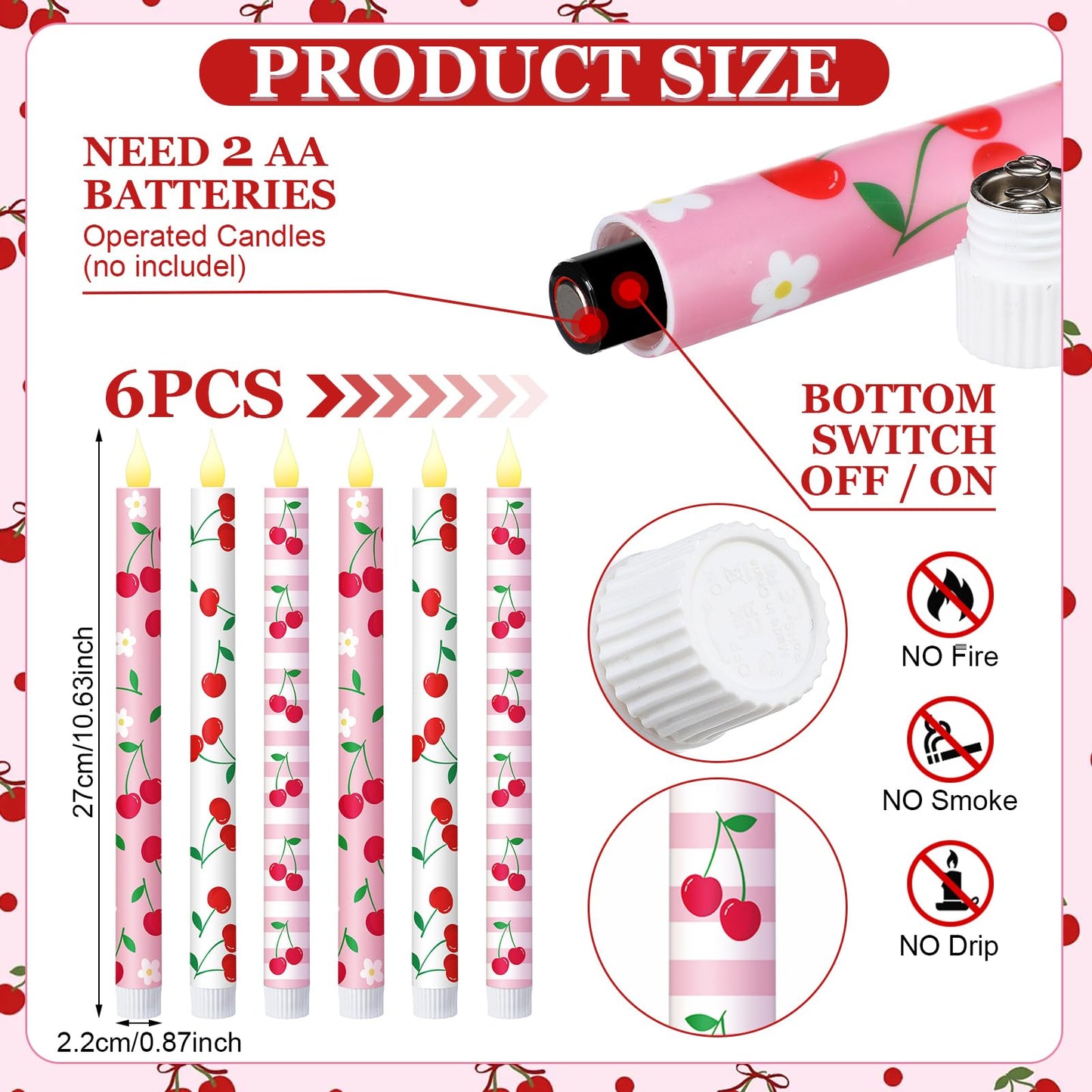 Honoson 6 Pcs Galentines Day Decorations Candles Cherry Flameless Taper Candles 10.6 Inch Battery Operated LED Candlesticks for Ladies Women Friend Sister Galentines Day Party Favors Gifts Home Decor