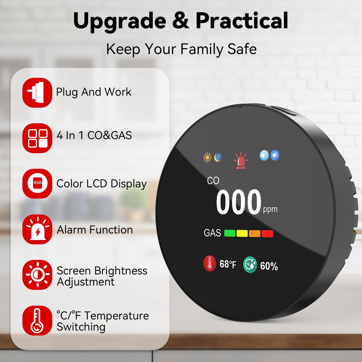 4-in-1 Carbon Monoxide & Gas Detector Plug in, Combination Natural Gas Leak & Carbon Monoxide Alarm, Dual Sensor CO & Gas Detector with Temperature & Humidity, 2 Packs
