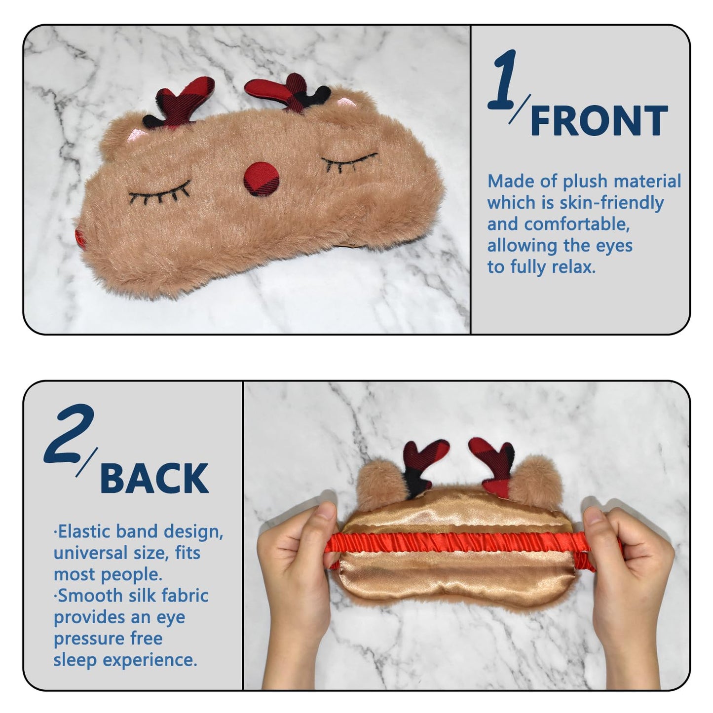 VHOPMORE Cute Animal Sleeping Mask Sleep Mask, Xmas Reindeer Soft Plush Eye Mask for Travel Nap Funny Rudolph Blindfold Eye Cover Eyeshade for Adult Kids Girls Teens Men Women - Reindeer, Red & Brown