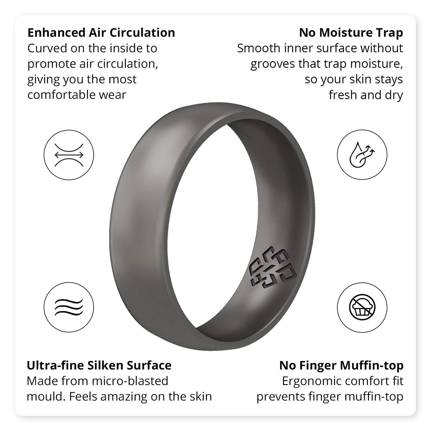 Knot Theory Dark Silver Silicone Ring for Women Men - Breathable Comfort Fit 4mm Wedding Band Size 10