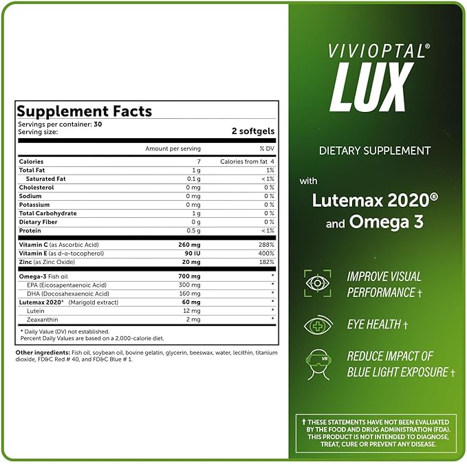 Vivioptal Lux 60 Softgels, Omega 3, Zinc, and Vitamin C & E, Multivitamin & Multimineral, Gluten Free, German Formula