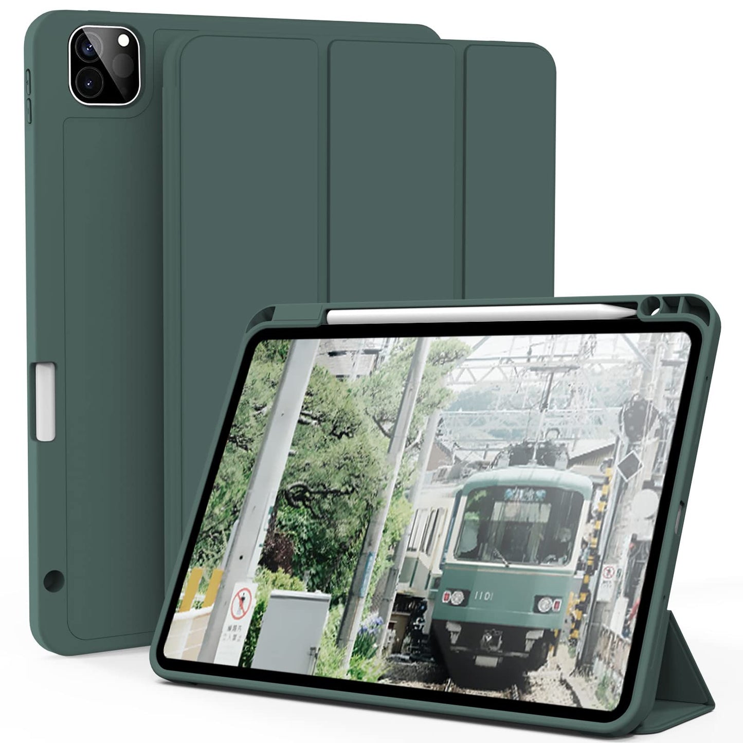 kenke Case for iPad Pro 11 Inch 4th/3rd/2nd Generation (2022/2021/2020) with Pencil Holder, Slim Trifold Smart Cover with Soft TPU Back, Support 2nd Gen Pencil Charging, Auto Sleep/Wake, Dark Green -Like New