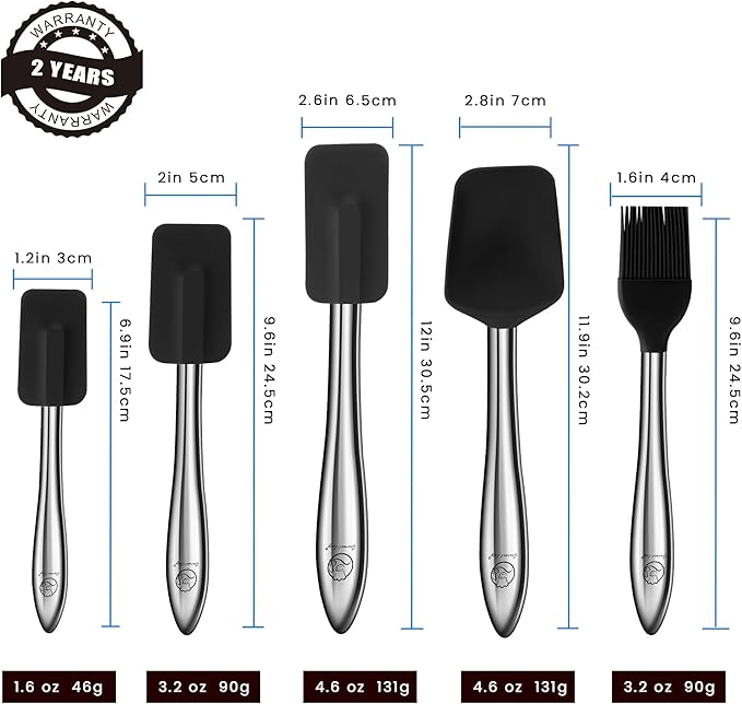 5pcs Silicone Spatula Cooking Utensils Set with Stainless Steel Handles, Premium Heat-Resistant Kitchen Utensils for Baking, Spoonula & Silicone Brush Included, Safe for Nonstick Cookware (Black)