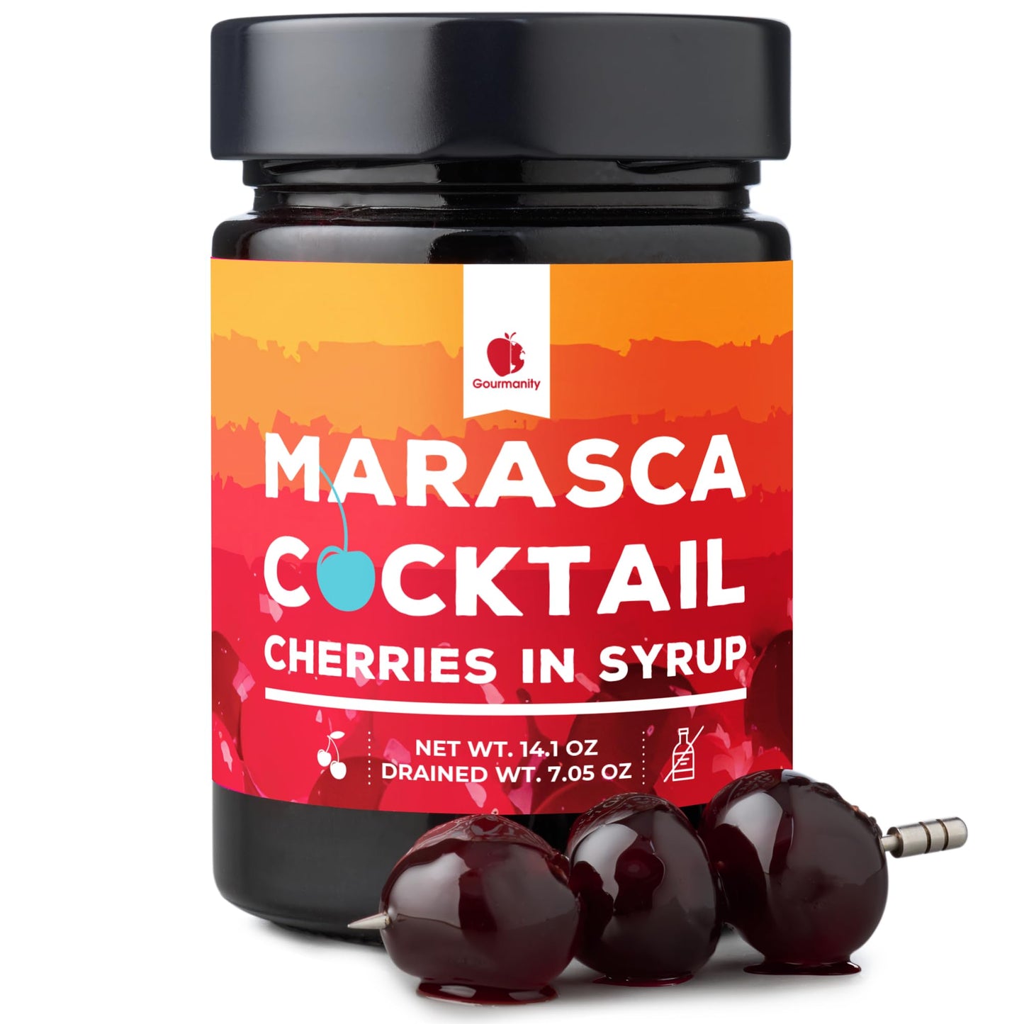 Gourmanity Cocktail Maraschino Cherries Made from Italian Grown Marasca Cherries. Use in Manhattan Old Fashioned and Desserts (14.1oz Jar)