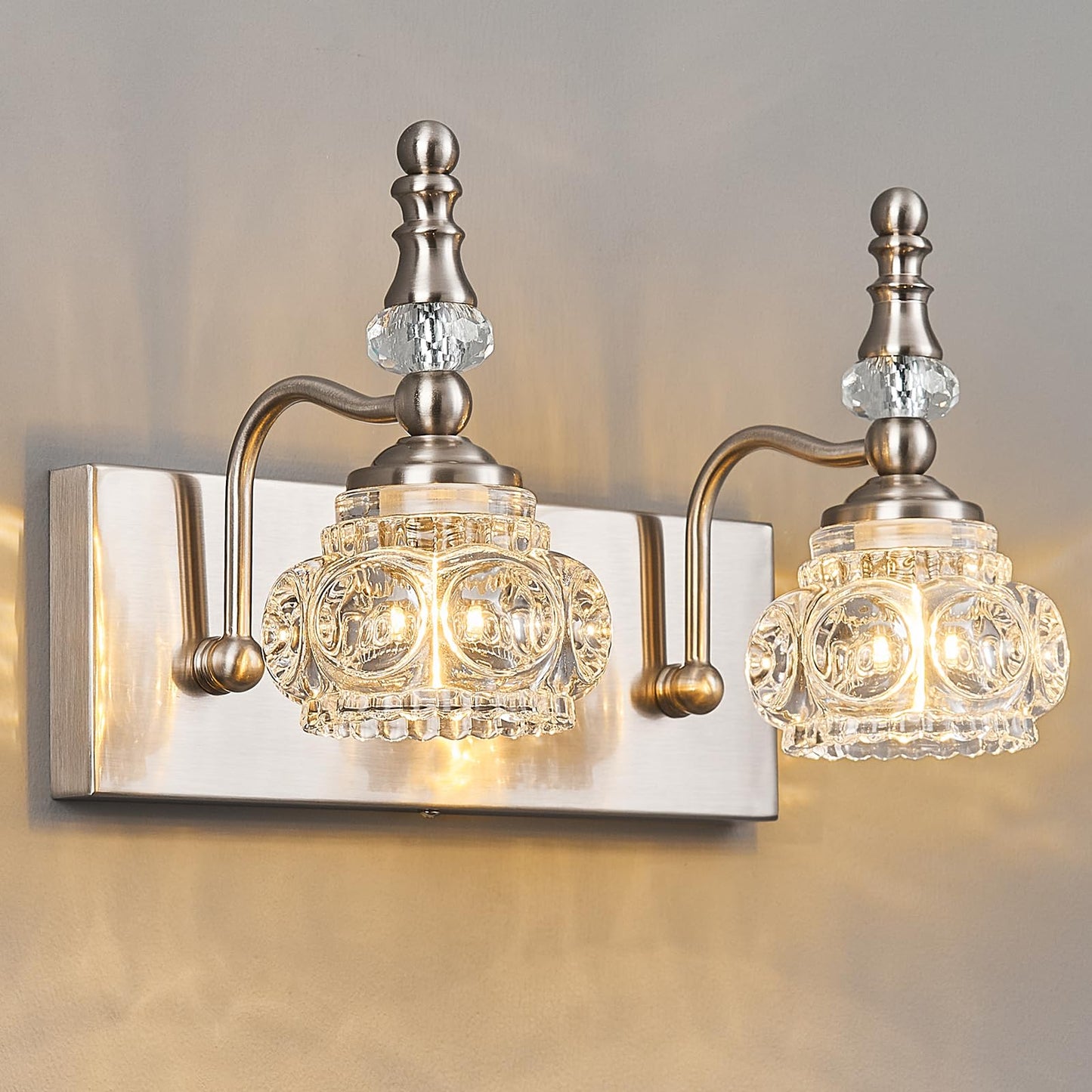 Lbsqj Modern Glass Crystal Vanity Light - Vintage Bathroom Lighting Fixtures Over Mirror 2 Light Vanity Lights G9 Bulb (11.81 Inch Nickel)