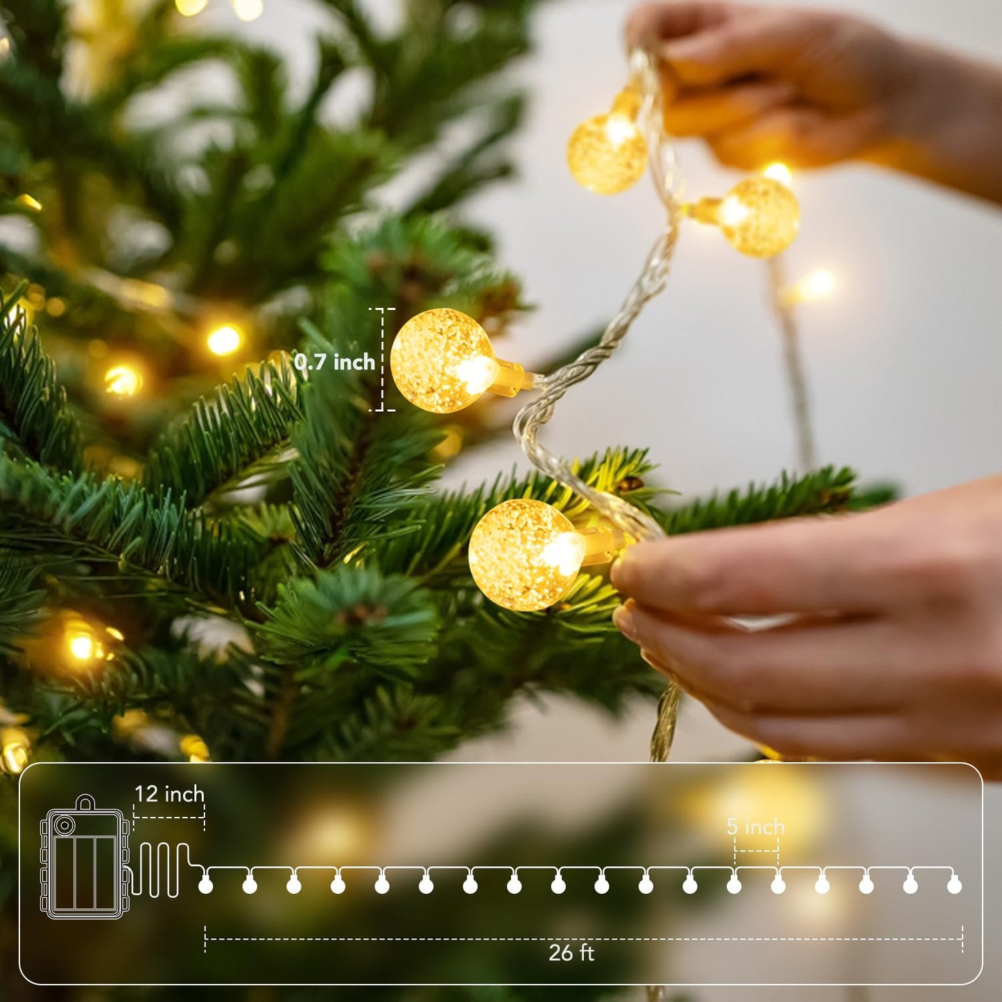 Metaku Globe String Lights, 26ft, 60 LEDs, Battery Operated, Warm White, Waterproof, Decorative for Home, Party, Garden, Wedding