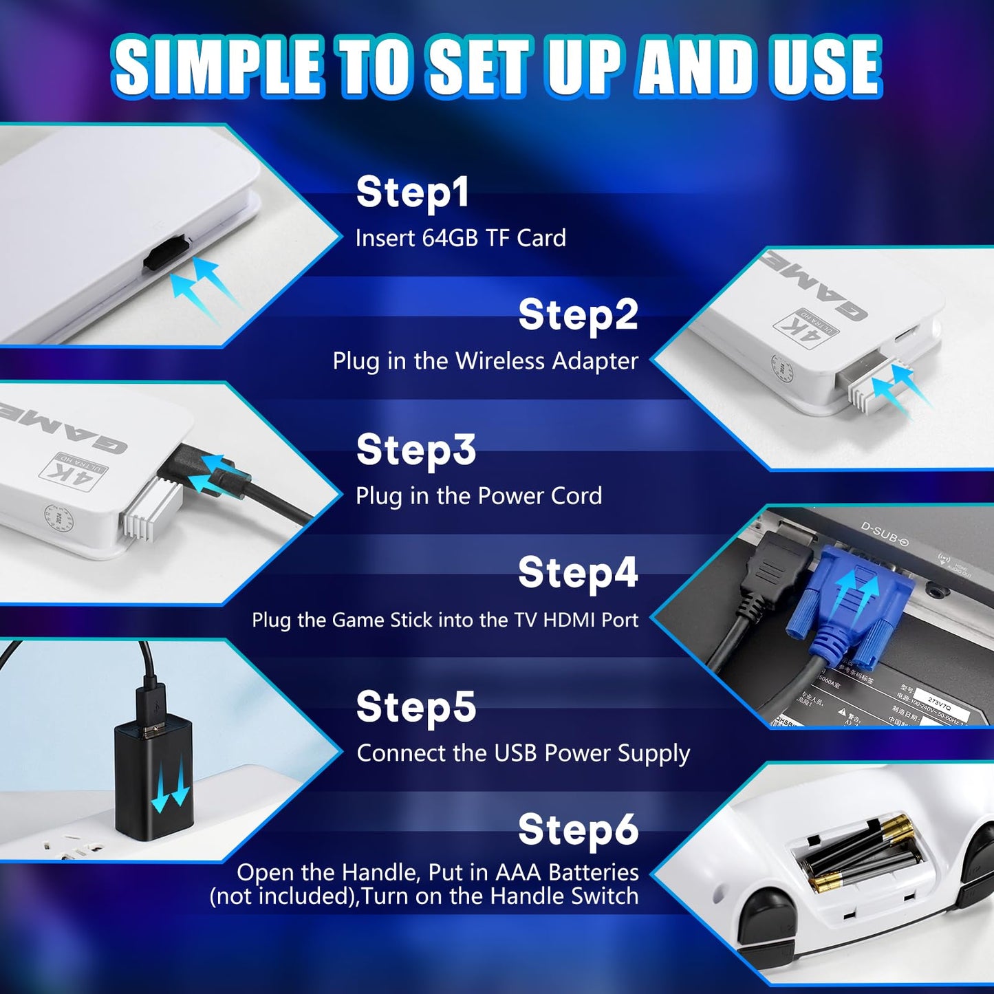 Retro Gaming Stick,Support 23 Emulators,Retro Gaming Console 64GB TF Card,Dual 2.4GHz Wireless Controllers,Game Stick 4K HDMI Plug and Play Video Games for TV