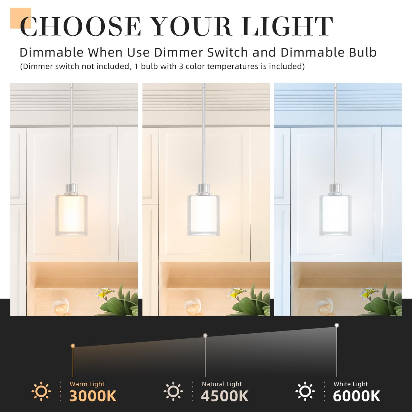 Lightbiz Pendant Light - Adjustable Rod, Clear Dual Glass, 3 Color Temperatures, Brushed Nickel, 2 Pack, Model L400