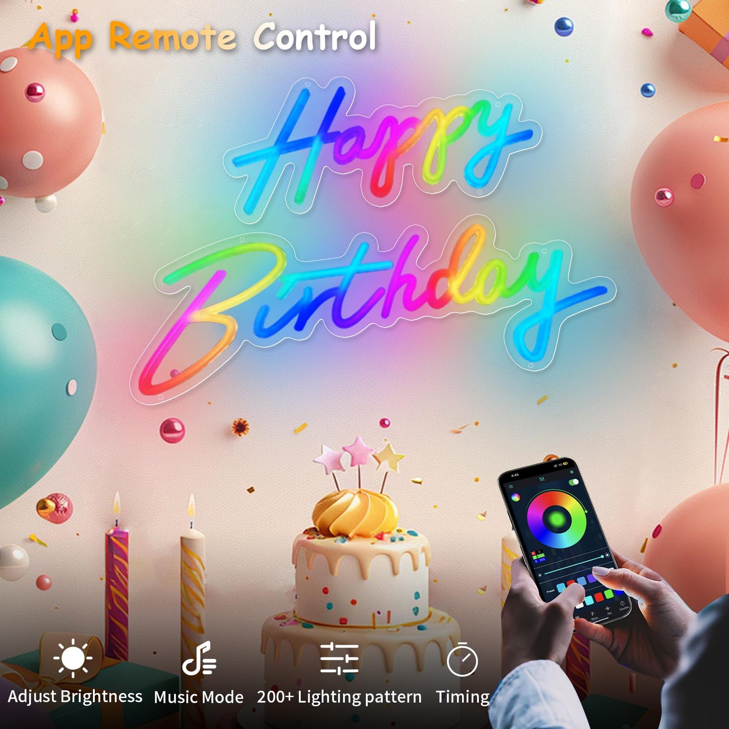 divatla Happy Birthday Neon Sign - 23inx8in, Multi-Color, LED with Remote, App Control, Model HBHC-01